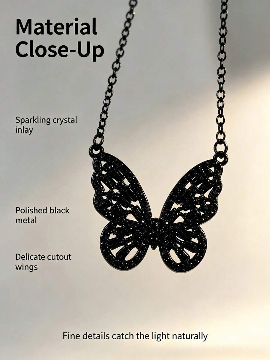 1pc Black Enamel Butterfly Pendant Necklace, Delicate Black Chain, Suitable For Commute, Party And Various Occasions - Black - View 1
