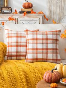 Homemorelove 1/2pcs Plaid Double-Sided Faux Mohair Pillow Case, Hidden Zipper, Suitable For Bedroom, Living Room, Sofa Home Decor, Pillow Insert Not Included, Thanksgiving, Halloween Atmosphere Decorative Pillow Case - Large Orange and White Plaid - View 1