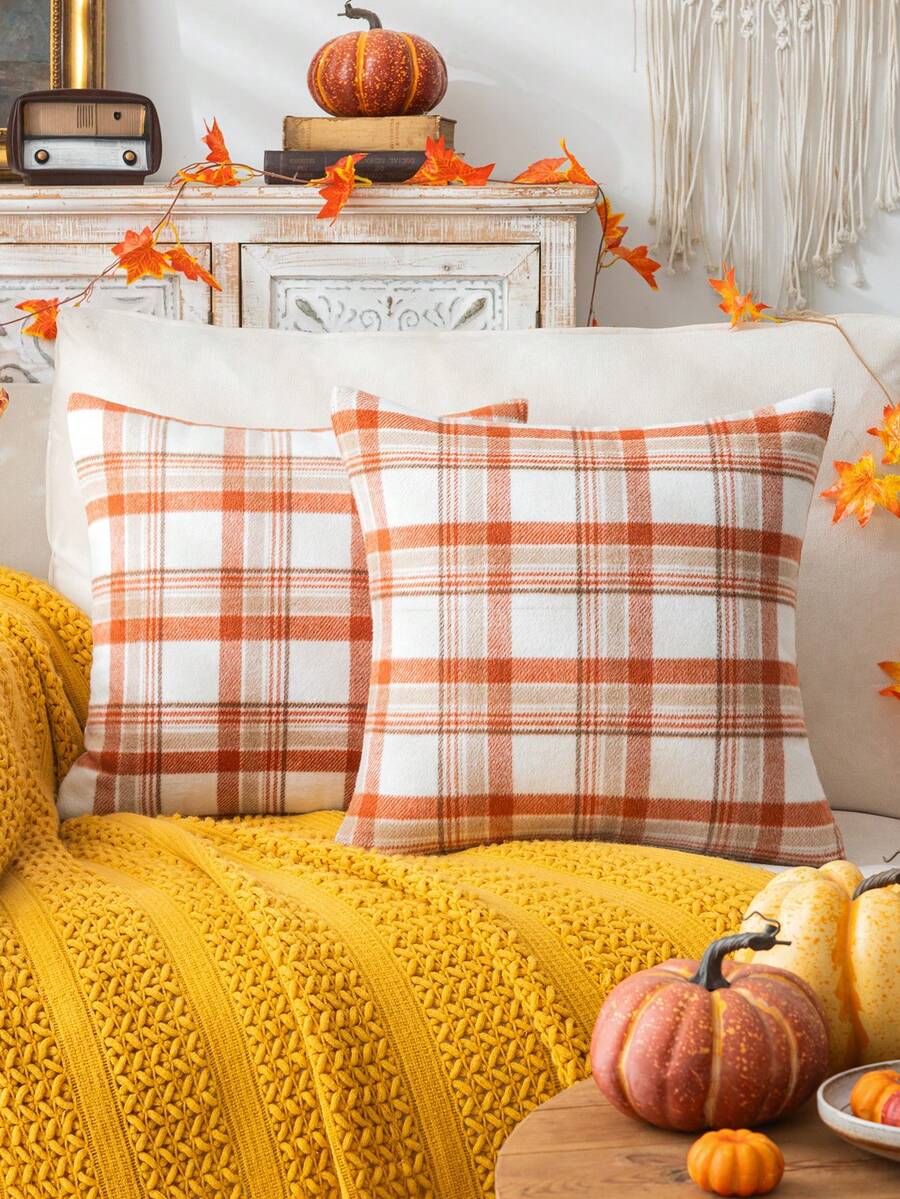 Homemorelove 1/2pcs Plaid Double-Sided Faux Mohair Pillow Case, Hidden Zipper, Suitable For Bedroom, Living Room, Sofa Home Decor, Pillow Insert Not Included, Thanksgiving, Halloween Atmosphere Decorative Pillow Case - Large Orange and White Plaid - View 1