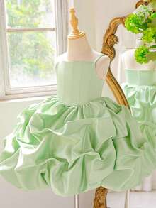 Young Girls Spaghetti Strap Ruched Satin Birthday Puff Princess Dress, Suitable For Weddings, Headband Not Included - Green - View 6