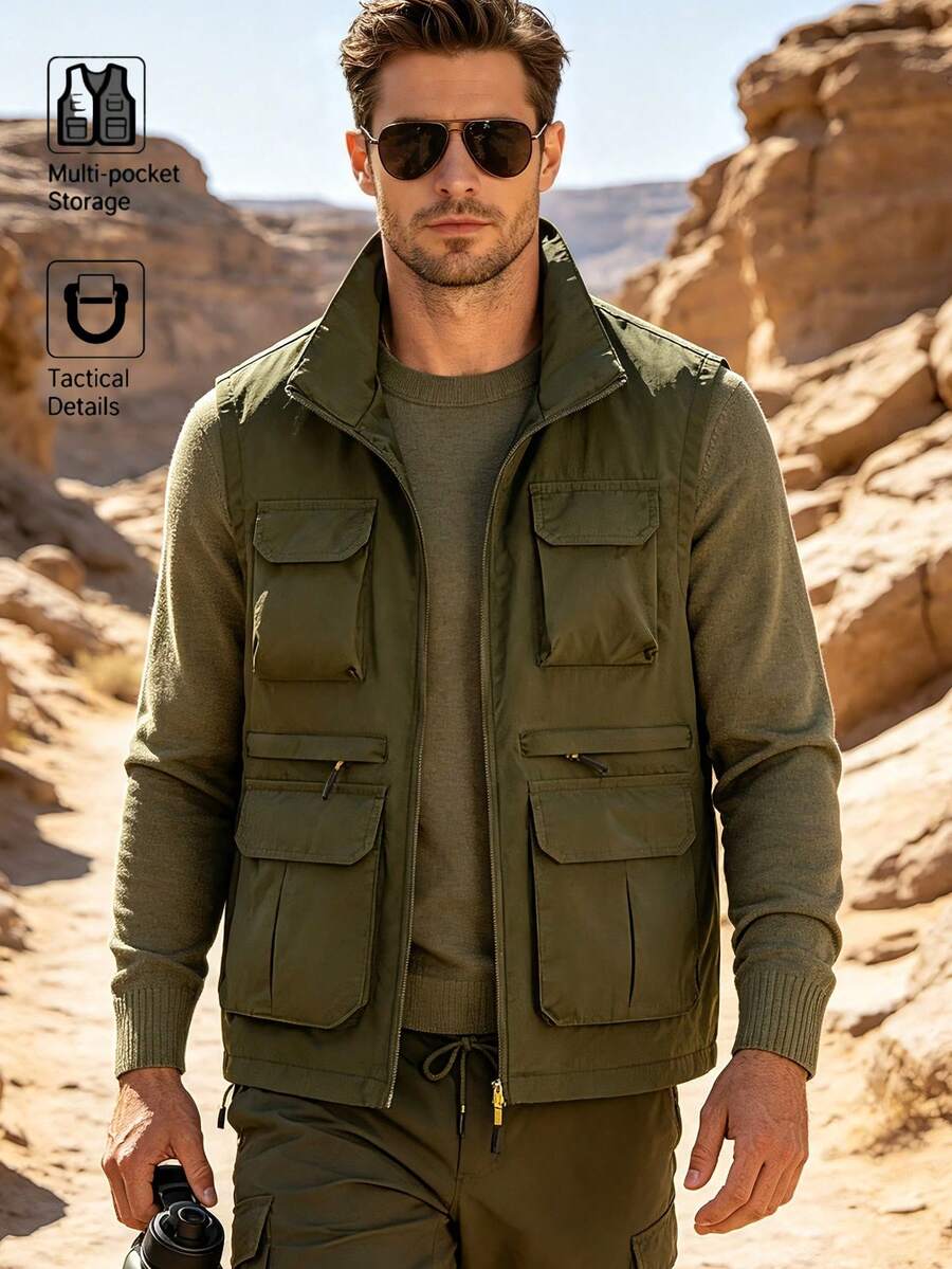 Men's Spring/Autumn Lightweight Outdoor Workwear Multi-Pocket Tactical Vest Jacket - Army Green - View 1