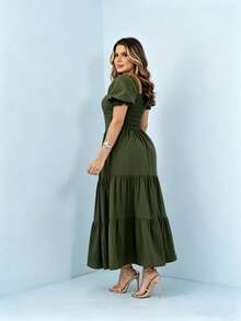 Vestido elegante midi feminino com costas elásticas manga curto - abacate verde - Visão 3