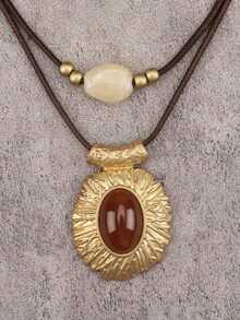 1pc Bohemian Artistic Style Double Layer Wax Rope Embossed Floral Oval Resin Pendant Necklace, Unique Beaded Necklace Accessory With Adjustable Extension Chain, Christmas Halloween Daily Wear Accessory, Gift For Girlfriend, Best Friend, Elders - Short - View 6