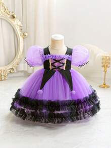 Baby Girls Multicolor Puff Sleeve Ruffle Mesh Tutu Dress, Princess Party Dress For Kids, Suitable For Halloween, Birthday Party, Christmas, Party, Important Occasions, Holiday Celebration Outfit - Multicolor - View 2