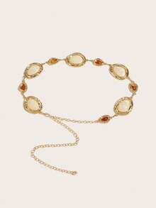 1pc Bohemian Style Gold Women's Waist Chain, Beige Large Gemstone Brown Small Triangle Waist Chain, Suitable For Dresses, Skirts, Evening Gowns, Jeans, Parties, Gatherings, Halloween, Weddings, Banquets, Back To School, Daily Wear Dress Accessories - Gold - View 1