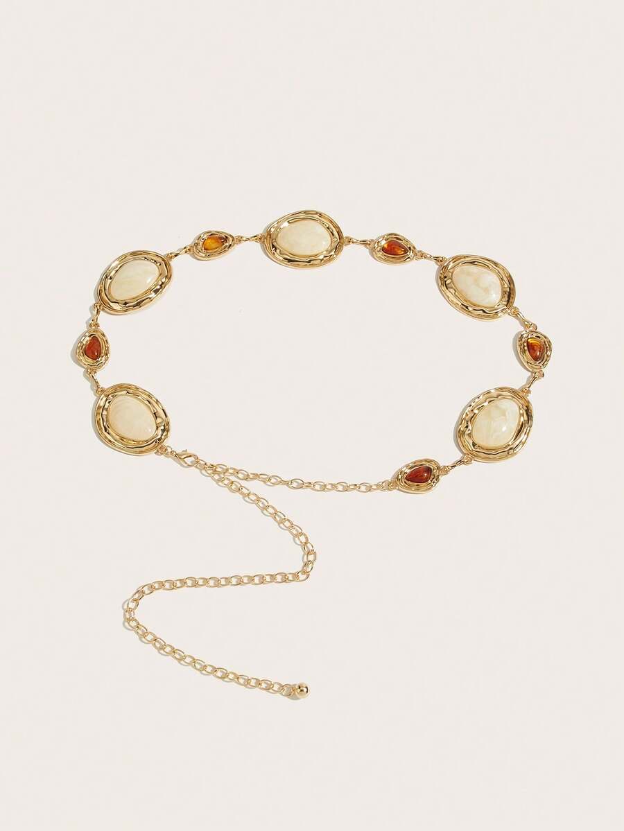 1pc Bohemian Style Gold Women's Waist Chain, Beige Large Gemstone Brown Small Triangle Waist Chain, Suitable For Dresses, Skirts, Evening Gowns, Jeans, Parties, Gatherings, Halloween, Weddings, Banquets, Back To School, Daily Wear Dress Accessories - Gold - View 1
