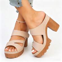 Women's High Heel Sandals Solid Color Hook And Loop Plus Size Wide Fit Lightweight Comfortable Chunky Heel Casual Commute Slip-On Sandals Slides Minimalist Summer Beach Style Slip-On Slides - Beige - View 9