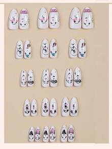 30pcs Funny Cartoon Face Black & White Line Art Design Medium Length Almond Shaped Press-On Nails, Suitable For Girls And Women For School Activities, Theme Parties Or Outings To Create Unique Nail Looks - Multicolor - View 4