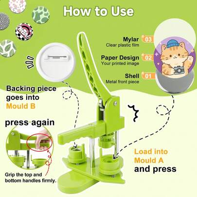 Senmeo 1Pc 32mm Button Maker Machine, DIY Pin Badge Press Equipment, Includes 100 Button Parts,100 Back Covers,100 Round Papers & 100 Clear Films, Multi-Size Custom Badge Craft Tool