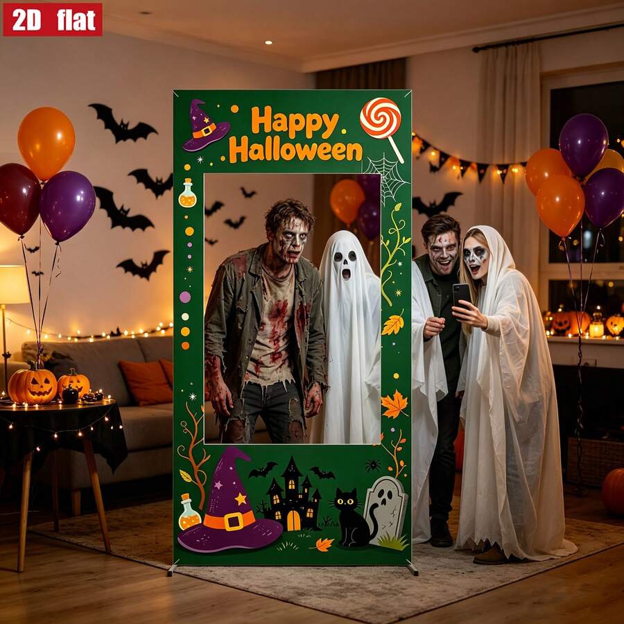 Banner Datar 2D, 1 buah Banner Bingkai Foto Selfie Halloween Vertikal, Tulisan Selamat Halloween, Topi Penyihir, Kastil, Hantu, Cocok untuk Dekorasi Teras, Acara Bertema Kafe - A - View 1