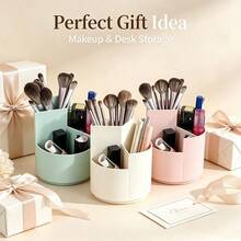 1 Peça Suporte Giratório para Pincéis de Maquiagem 12*11cm, Caixa de Armazenamento de Cosméticos de Plástico com Múltiplos Compartimentos, Design Redondo Dividido Simples e Fofo em Três Cores, Organizador de Mesa Giratório 360 Graus, Decoração de Armazenamento para Penteadeira, Banheiro, Quarto, Presente de Feriado - Multicolorido - Visão 3