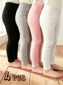 4pcs Girls Solid Color Ribbed Leggings, Classic Color Cropped Length, Versatile For Layering Or Wearing Alone, All Season - Multicolor - View 9