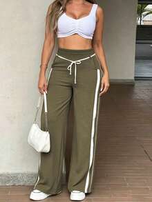 Women's Fall Color-Block Striped Casual Pants, Elastic Waistband, Pockets, Straight-Leg Style - Army Green - View 3