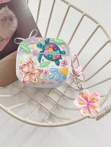Shockproof Soft Shell Flower Sea Turtle Painted Transparent Additional Bracelet Fashion Bluetooth Earphone Case With Cute Pink Cherry Blossom Keychain For Airpods 4 3 1/2 Pro3 Pro/Pro2 - Multicolor - View 15