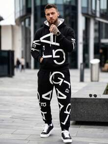 Men's Spring/Autumn Casual Versatile Kangaroo Pocket Drawstring Hooded Sweatshirt And Sweatpants Set - Multicolor - View 2