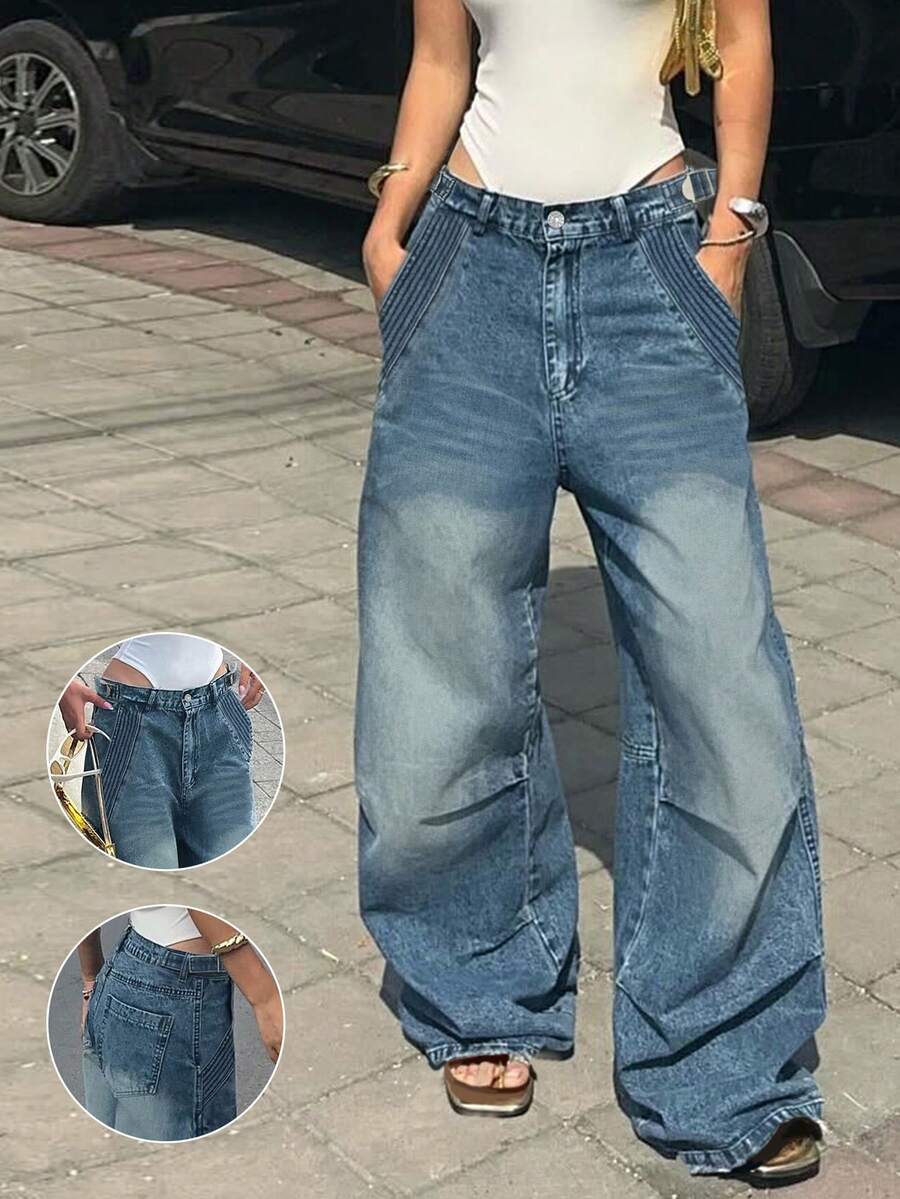 Y2K 街头服饰复古女式时尚休闲高腰直筒牛仔裤男友风百搭水洗宽松牛仔裤 - 中等水洗藍 - 查看 1