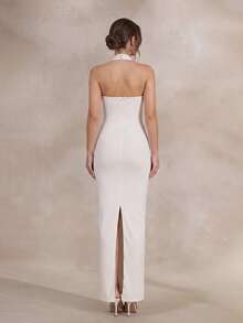PARTHEA Elegant White Women Halter Mermaid Maxi Party Dress, Square Neck Faux Front Buttons Back Split Formal Long Gown - White - View 2