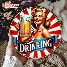 2D平面 1件裝復古風啤酒杯圓形鐵製裝飾牌 8英吋，女孩與「Happy Drinking」設計，鄉村風金屬裝飾，適用居家、車庫、咖啡廳、居家酒吧裝飾，預鑽孔，款式如尺寸表所示 - 多色 - 查看 7