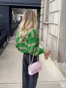 Women's Fashion Versatile V-Neck Colorblock Striped Loose Short Knit Cardigan With Buttons - Multicolor - View 4