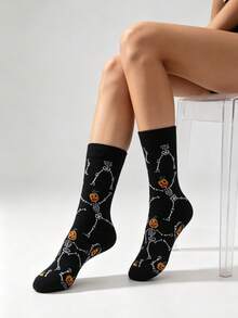 1/2 Pairs Halloween Mid-Calf Socks, White Pumpkin Wizard & Black Dancing Skeleton Print Casual Socks, Unisex - Multicolor - View 12