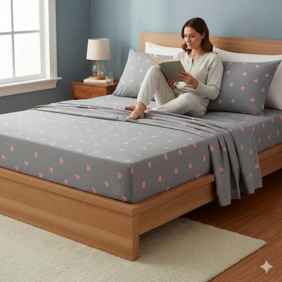 2-Piece Single Bed Sheet Set, Printed 200 Thread Count Percale Fabric, Full Elastic Hem, With Point Palito Pillowcase - Purple - View 1
