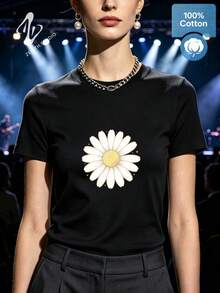 Daisy Fresh Natural Romantic Pastoral Pure Cotton Single Vintage Daisy Line Print Women's Short Sleeve Daily Dating Spring/Summer - 黑色 - 查看 1