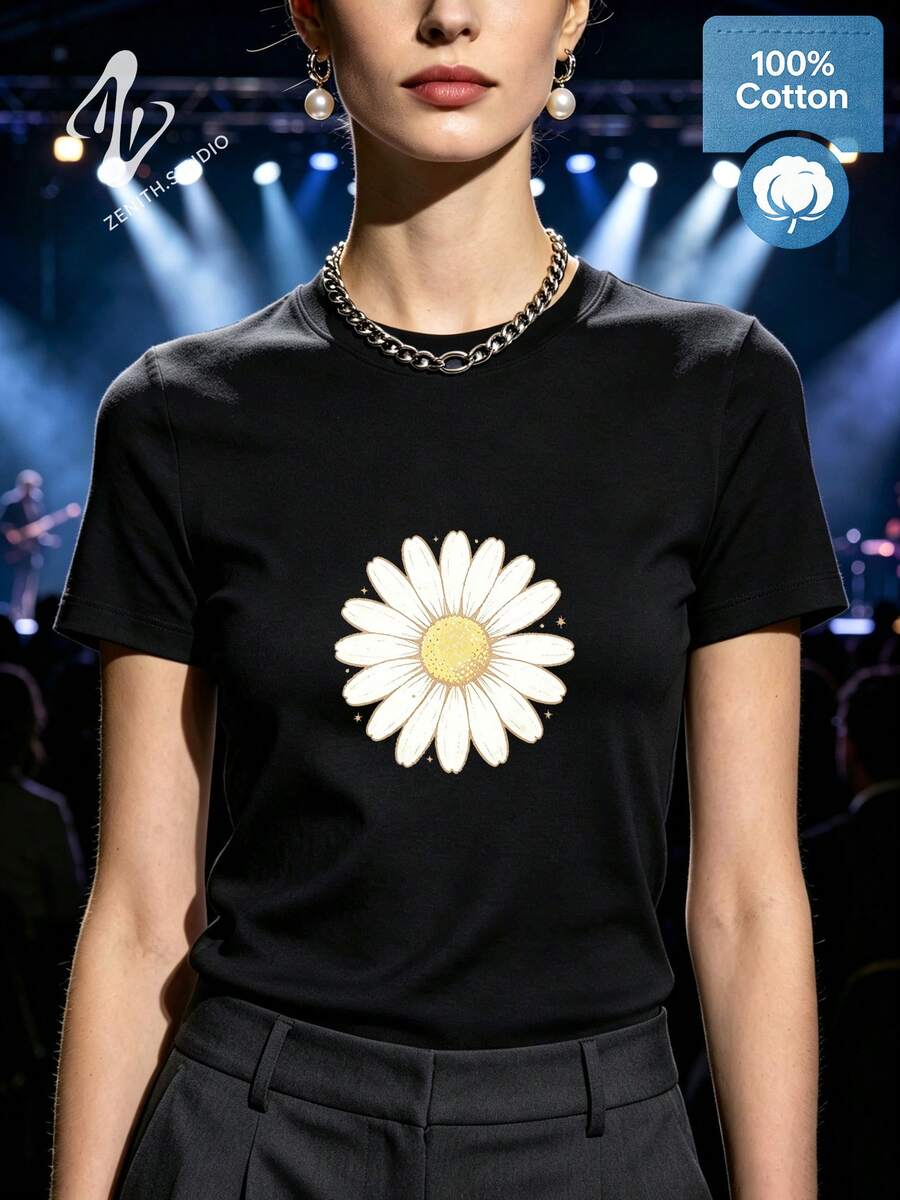 Daisy Fresh Natural Romantic Pastoral Pure Cotton Single Vintage Daisy Line Print Women's Short Sleeve Daily Dating Spring/Summer - 黑色 - 查看 1