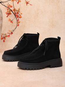Women's Fashion Round Toe Black Lace-Up Slip-On Thick Sole Ankle Boots, Autumn/Winter, Plus Size - Black - View 5