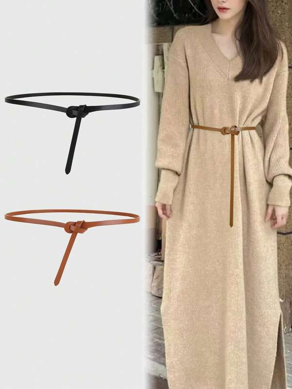 2 Buah Sabuk Wanita, Sabuk Kulit PU Minimalis Vintage Modis dengan Simpul, Cocok untuk Dipadukan Sehari-hari dengan Gaun, Kemeja, Sweater, Atasan, Jaket, dan Aksesori Pinggang