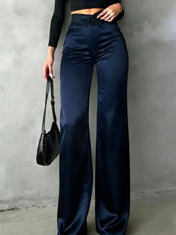 Women's Solid Satin High-Waisted Straight-Leg Pants, Back To School Daily Wear, Office Commute, Home, Dates, Small Parties, Light Social Occasions