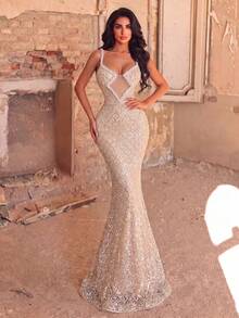 Elegant Spaghetti Strap Beaded Evening Gown, Exquisite Embroidery, Mermaid Cut Slimming Fit, Perfect For Formal Dinner, Wedding, Photography - Apricot - View 1