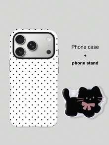 Koolife White Polka Dot Phone Case + Cat Suction Cup Stand, Korean Minimalist Style Fashion Accessory, Unisex, Comfortable Touch, Supports Button Protection, Heat Dissipation & Dustproof, Compatible With 11 To 17 Pro Max Series - White - View 2