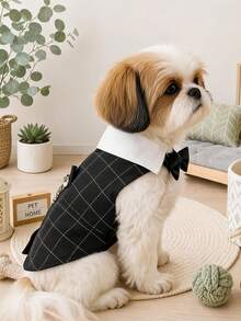 PETCIRCLE 1件裝寵物衣服 小狗幼犬貓咪可愛寵物設計上衣輕量透氣服飾黑色格紋燕尾服 - 彩色 - 查看 2