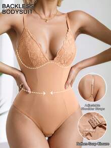 1pc Seamless Lace Deep V-Neck Shaping Bra, Effective Body Shaper Suitable For Weddings And Parties - Apricot - View 1