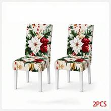 2件組聖誕花、冬青葉與糖果棒印花彈性餐椅套，可拆卸可水洗無扶手椅套，適合節日餐廳與聖誕居家裝飾 - 彩色 - 查看 10
