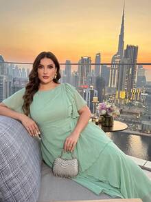 Plus Size Women's New Elegant Ruffle Patchwork Design Slimming Luxury Dress Summer - Mint Green - View 3