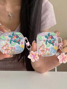 Shockproof Soft Shell Flower Sea Turtle Painted Transparent Additional Bracelet Fashion Bluetooth Earphone Case With Cute Pink Cherry Blossom Keychain For Airpods 4 3 1/2 Pro3 Pro/Pro2 - Multicolor - View 4