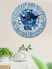 1pc 2D Flat Shiny Blue Crystal Silent Swiss Round Quartz Wooden Wall Clock, Design Pattern Style, Suitable For Decorating Bedroom, Living Room, Office, Kitchen And Coffee Shop, 10/12 Inch (AA Battery Not Included), Perfect Christmas Gift - Multicolor - View 3