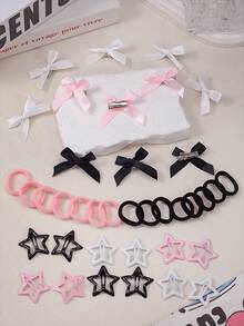 VBOOR 12/112pcs Minimalist Basic Hair Accessories, Suitable For Women. Star Bangs Clips, Bowknot Hair Clips, High Elasticity Basic Hair Ties. Classic Black, White, Pink Color Combination, Suitable For Daily/Commute Use. - Multicolor - View 7