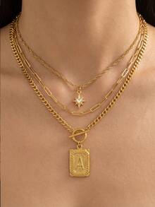 3pcs/Set Gold Tone Women's Layered Necklace, Vintage Rectangular Letter Pendant, Paperclip Chain & Star Pendant, Suitable For Daily, Commute And Party - Gold - View 2
