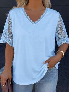 Plus Size Women's V-Neck Short Sleeve Lace Patchwork T-Shirt, Summer Casual - Baby Blue - View 4