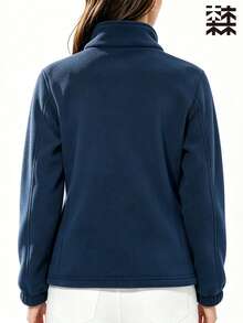 mulinsen Women's Solid Color Fleece Sports Jacket, Stand Collar Zipper Closure With Letter Detail, Warm Fabric, Suitable For Hiking And Fitness - Navy Blue - View 4