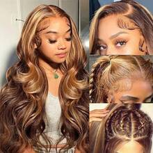 30 Inch 250% Density Ombre Honey Blonde Lace Front Wig Human Hair 13x4 HD Highlight Body Wave Lace Front Wigs Human Hair For Women Glueless Pre Plucked With Baby Hair 4/27 Colored HD Lace Wig Human Hair - S4/27 - 查看 5