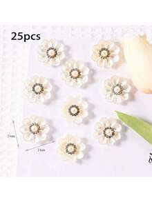 10/5pcs Pearl & Rhinestone Flower Decor Buttons, DIY Craft Accessories - White - View 10
