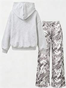 2pcs/Set Setelan Sweatshirt Anak Laki-Laki Besar, Termasuk Sweatshirt dengan Desain Cetak "LA" dan Celana Panjang Lebar dengan Motif Ranting, Setelan Anak Laki-Laki Modis untuk Musim Gugur/Dingin - Light Grey - View 3