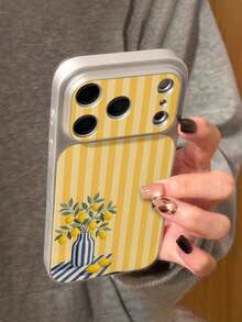 1pc Fashion Summer Striped Vase Lemon Pattern Full Coverage Button Classic Anti-Drop Metal Paint Premium Texture Soft Texture PU Leather Phone Case, Suitable As Birthday Gift, Holiday Gift For Friends, Family, Couples, Yourself, Compatible With IPhone 17/16/15/14/13/14/12/11 Series - Multicolor - View 1