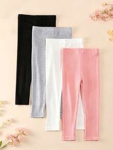 4pcs Girls Solid Color Ribbed Leggings, Classic Color Cropped Length, Versatile For Layering Or Wearing Alone, All Season - Multicolor - View 4