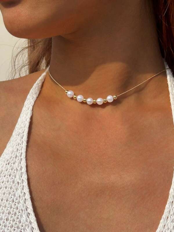 1pc/Fashion Minimalist CCB Resin Faux Pearl Beaded Necklace Suitable For Women's Workplace Minimalist Outfit Jewelry Gift