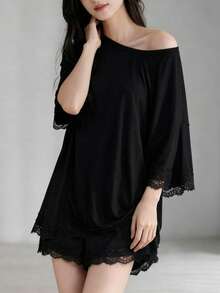 2pcs/Set Women's Pajamas Homewear Set, Lace Patchwork Solid Color Short Sleeve Shorts, Comfortable For Home, Easy Care Fabric - Black - View 1