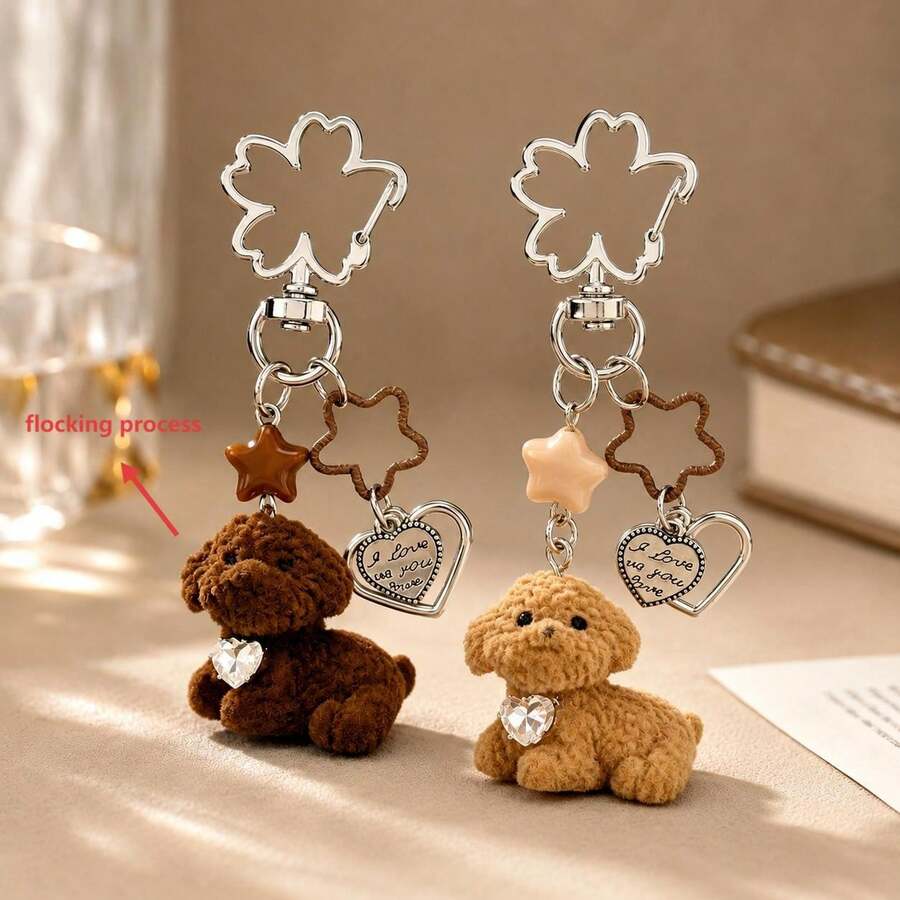 1pc/2pcs Unisex Cartoon Flocked Puppy Pendant With Heart Inlay, Star Beads And Heart English Letter Charm, Creative Couple Keychain Bag Charm - Multicolor - View 1